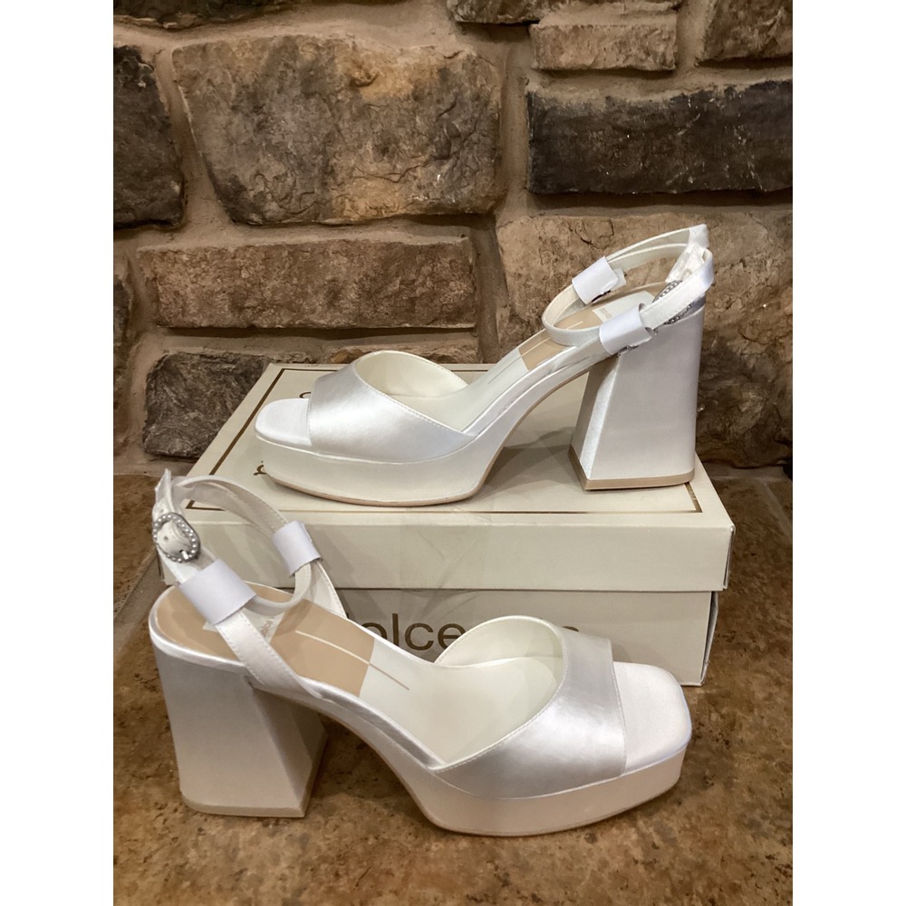 Dolce Vita Felica White Satin Platform Block Heel Sandals Women Size 9.5 New